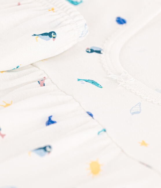 Pigiama corto bambina in cotone con animali marini bianco MARSHMALLOW/bianco MULTICO