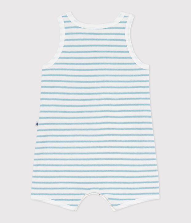 Tutina corta senza maniche in spugna di cotone boucl&eacute; a righe neonato bianco/blu