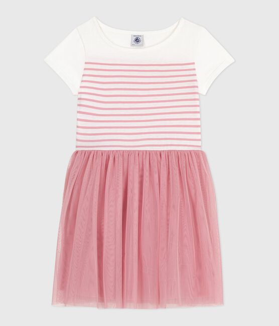 Abito a maniche corte in cotone e tulle bambina bianco MARSHMALLOW/rosa CHARME