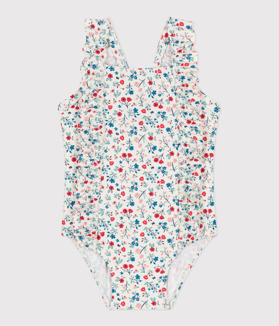 Costume da bagno intero con stampa floreale e volant neonato bianco MARSHMALLOW/bianco MULTICO