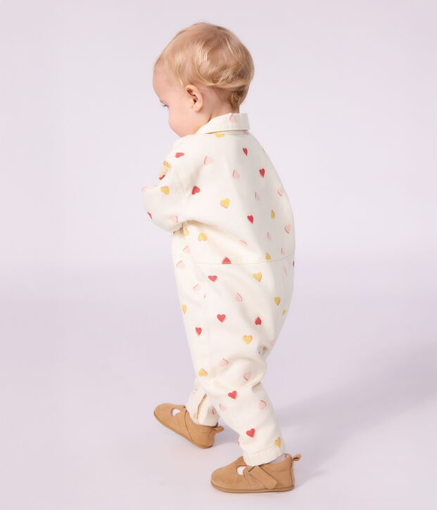 Tutina lunga in cotone con stampa a cuori neonata ecru/multicolore
