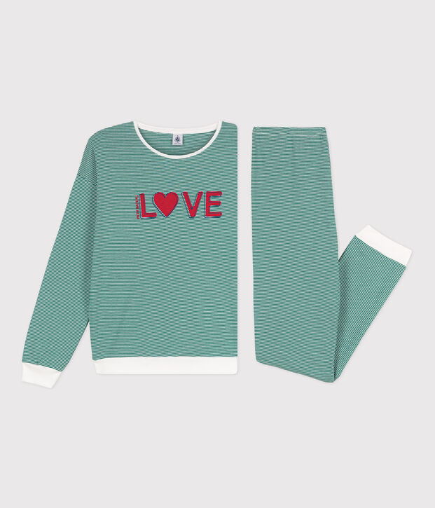 Pigiama donna in cotone millerighe verde/bianco