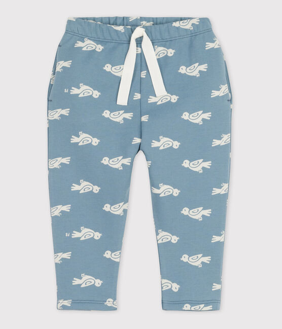 Pantaloni bebè in tessuto felpato fantasia blu ROVER/bianco MARSHMALLOW