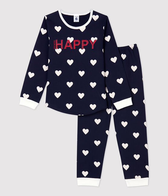 Pigiama bambina/bambino fantasia a cuori in molleton blu SMOKING/bianco MARSHMALLOW