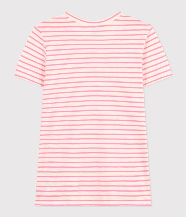 T-shirt REGULAR girocollo in cotone rigato donna ecru/rosa