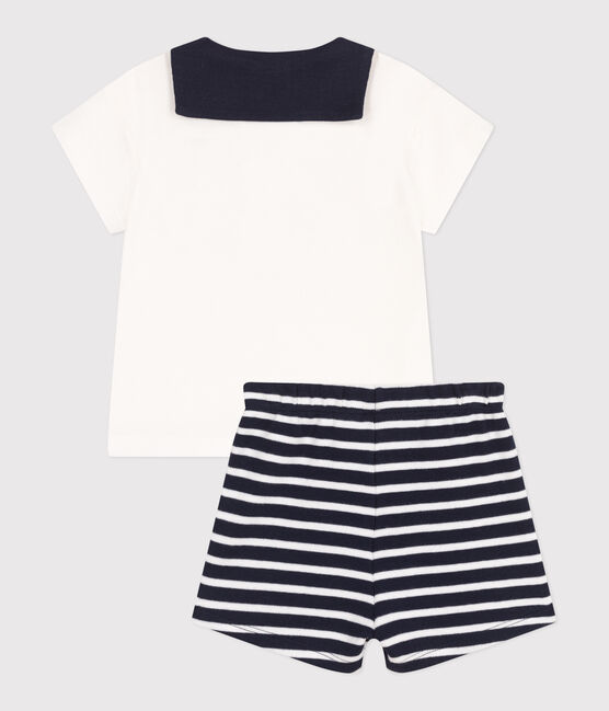 Completo neonato 2 pezzi in cotone con T-shirt con colletto alla marinara blu SMOKING/bianco MARSHMALLOW