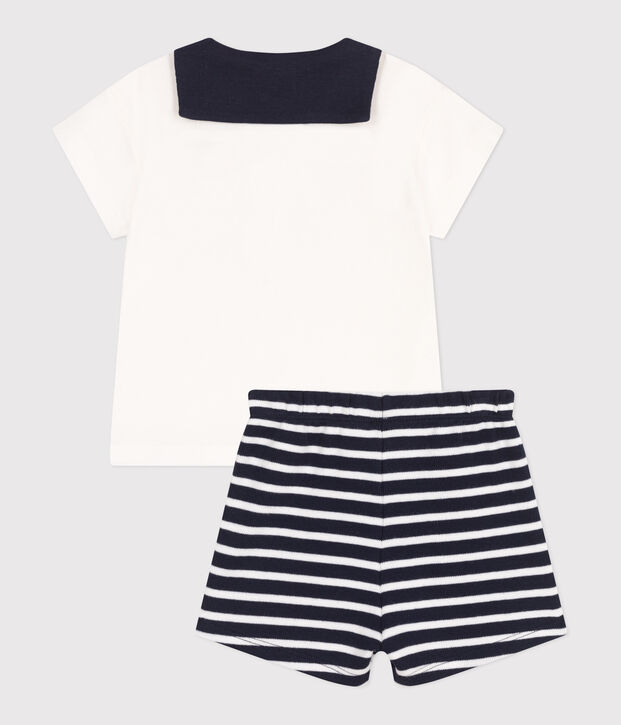 Completo neonato 2 pezzi in cotone con T-shirt con colletto alla marinara blu/bianco