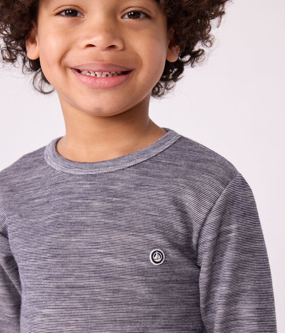 T-shirt a maniche lunghe in misto lana e cotone a righe bambino blu SOIR/ MARSHMALLOW
