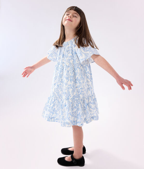 Abito bambina a maniche corte in cotone stampato blu MARSHMALLOW/ PORCELANA