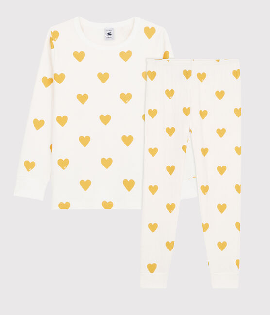 Pigiama bambina/bambino a cuori in tubique di cotone biologico bianco MARSHMALLOW/giallo OCRE