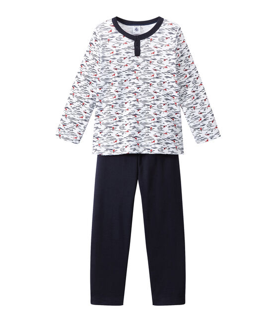 Pigiama bambino con scollo a serafino blu SMOKING/bianco ECUME/ MULTICO