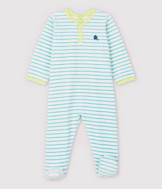 Tutina pigiama a righe blu bebé in ciniglia bianco MARSHMALLOW/blu TIKI