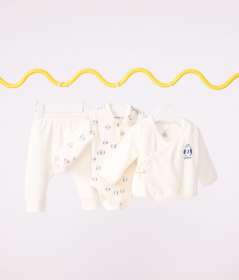 Set 3 pezzi neonato con coprispalle e body con pinguini stampati ecru