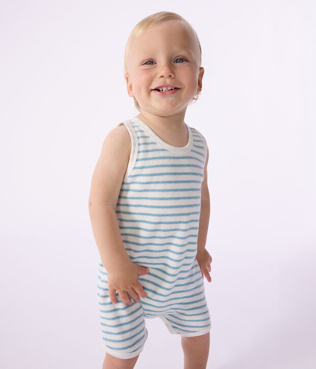 Tutina corta senza maniche in spugna di cotone boucl&eacute; a righe neonato bianco/blu