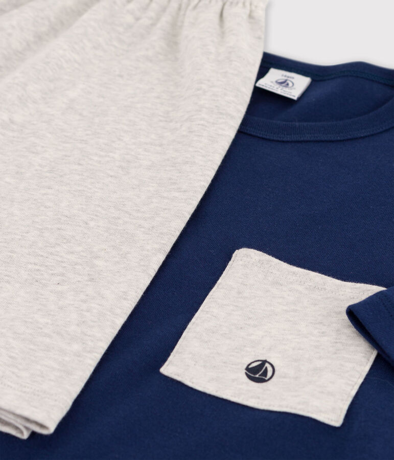 Pigiama corto blu notte ragazzo in cotone biologico blu MEDIEVAL/grigio BELUGA