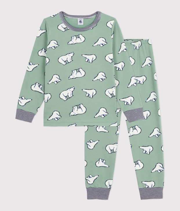 Pigiama bambino in tessuto felpato con orso stampato verde/multicolore
