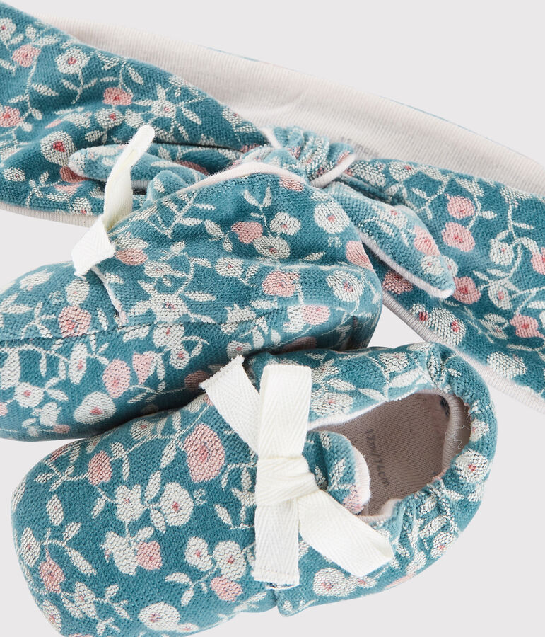 Confezione fascia e babbucce da neonata a fiori in velluto MOZAIK/ecru MULTICO