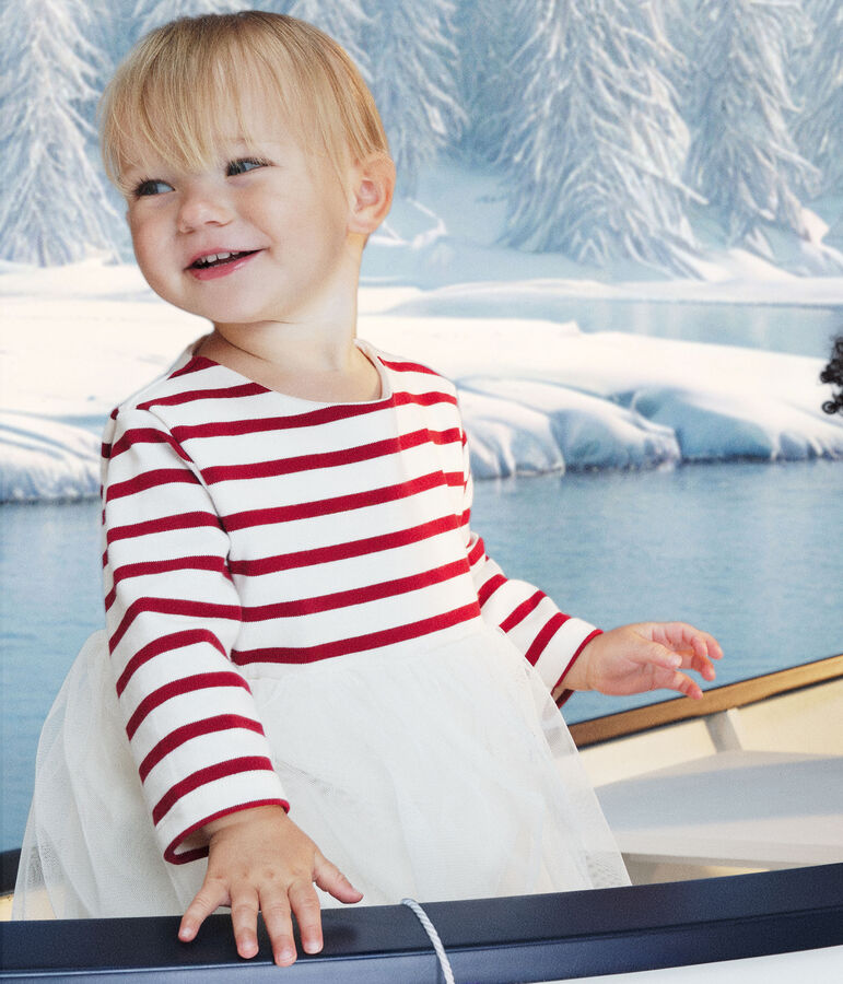 Abito bi-materiale a maniche lunghe neonata ecru/rosso