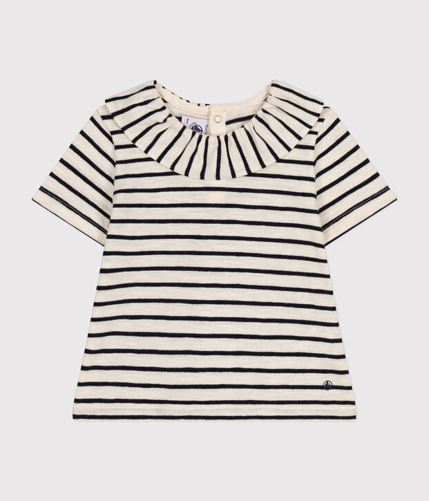 Blusa beb&egrave; a maniche corte in jersey ecru/blu