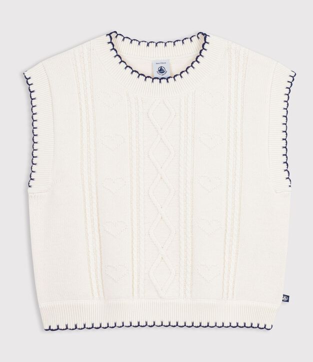 Pullover senza maniche in misto lana e cotone a trecce bambino bianco