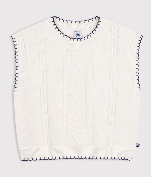 Pullover senza maniche in misto lana e cotone a trecce bambino bianco