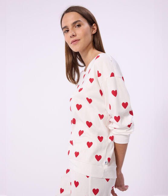 Pigiama in cotone con stampa a cuori donna bianco MARSHMALLOW/rosso TERKUIT