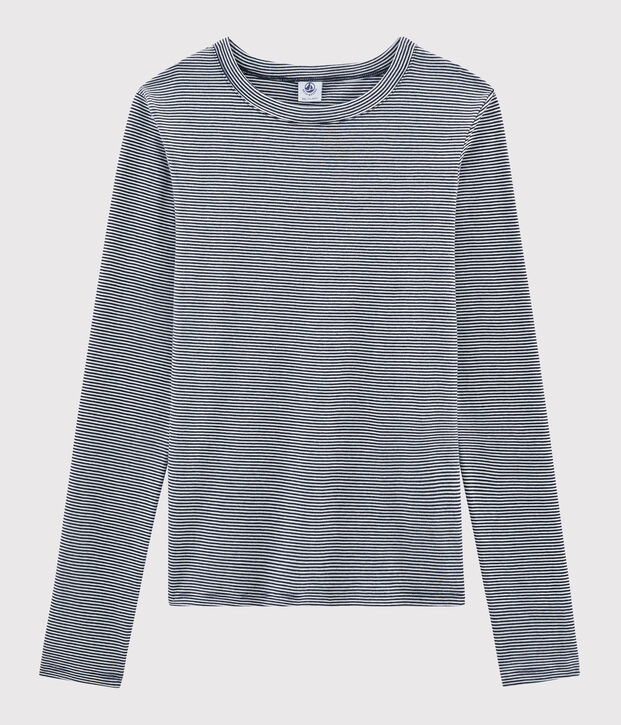 T-shirt girocollo iconica in cotone a righe Donna blu/bianco