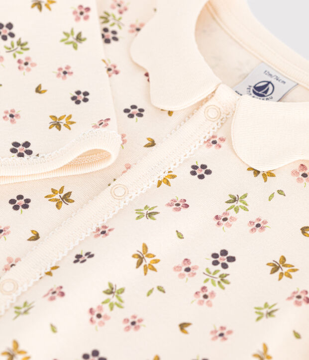 Pigiama senza piedini in cotone con stampa a fiori neonato ecru/multicolore