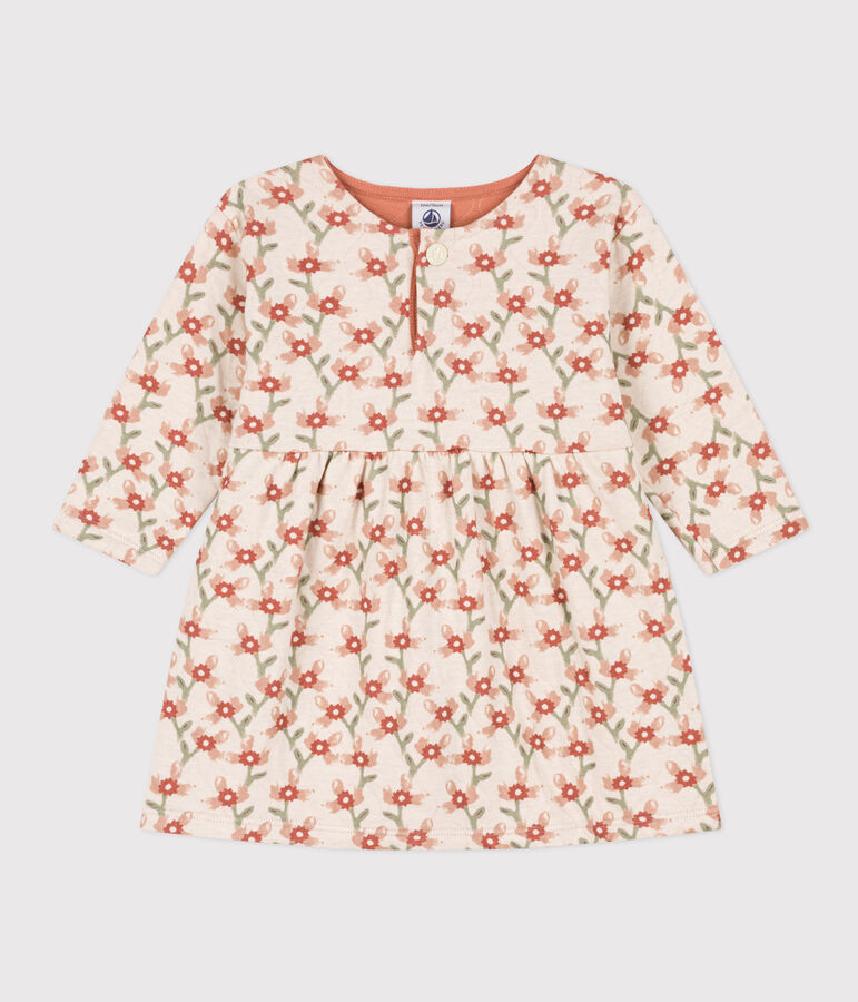 Abito a maniche lunghe in tubique trapuntato con stampa per beb&egrave; ecru/multicolore