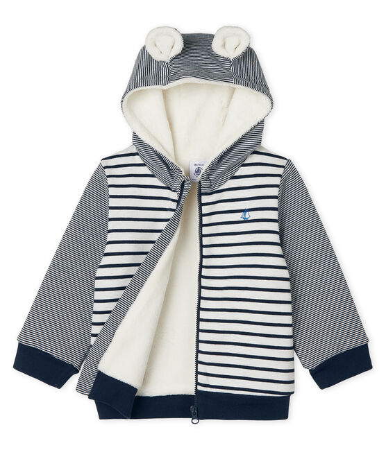 Felpa con cappuccio bebè maschio a righe marinare doppiata in lana sherpa bianco MARSHMALLOW/blu SMOKING CN