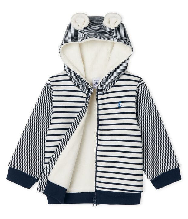 Felpa con cappuccio beb&egrave; maschio a righe marinare doppiata in lana sherpa bianco/blu