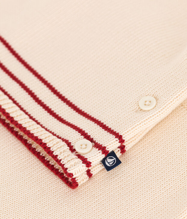 Completo 2 pezzi in maglia di cotone jacquard neonato ecru/rosso