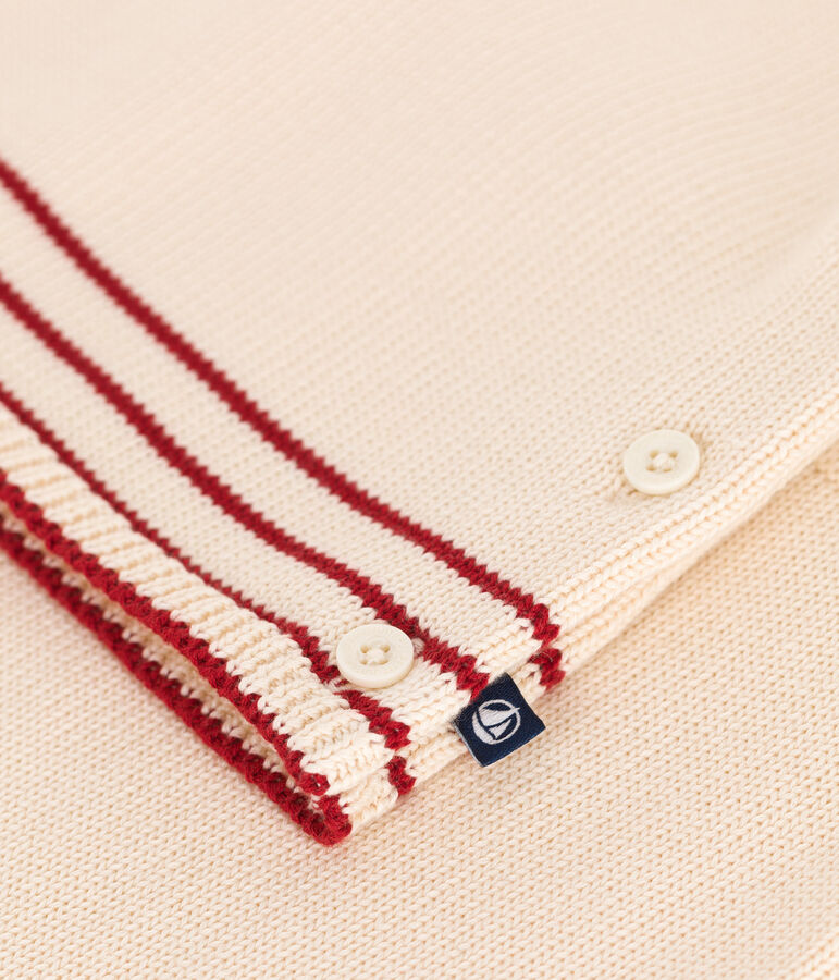 Completo 2 pezzi in maglia di cotone jacquard neonato ecru/rosso