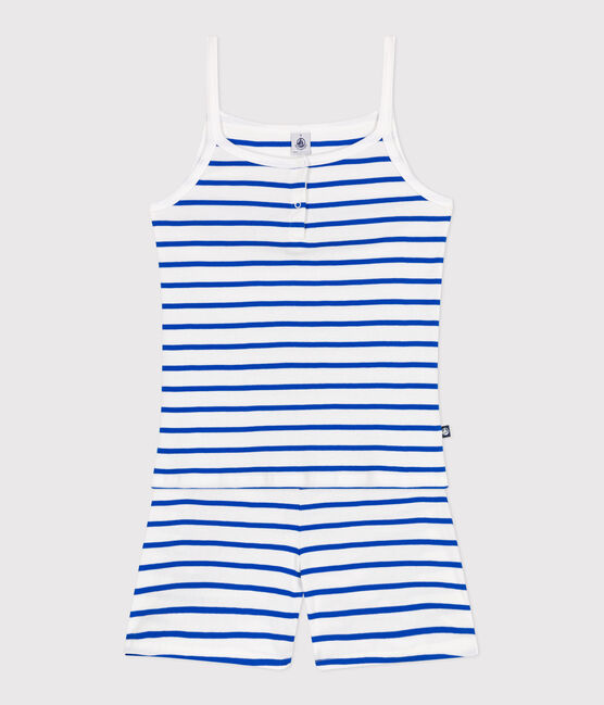 Pigiama corto in cotone a righe con spalline sottili donna bianco MARSHMALLOW/blu PERSE