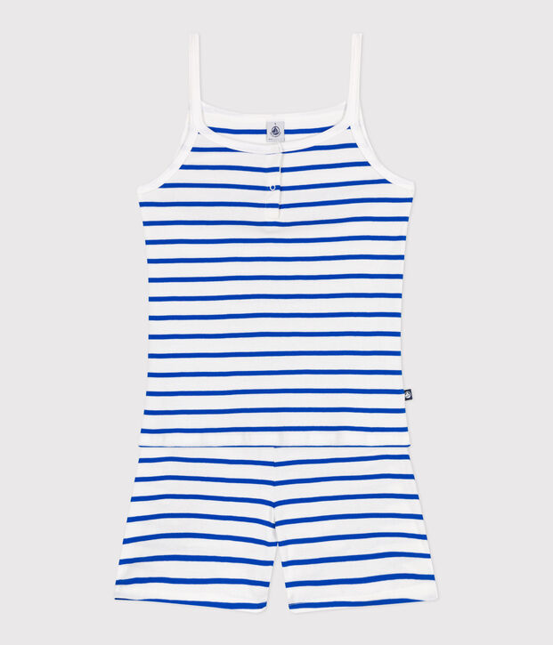 Pigiama corto in cotone a righe con spalline sottili donna bianco/blu