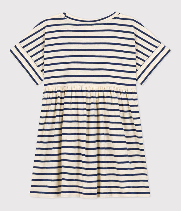 Abito a maniche corte in cotone a righe bambina ecru/blu