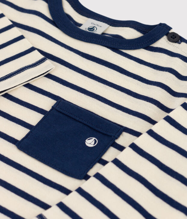 T-shirt maniche lunghe beb&egrave; in cotone ecru/blu