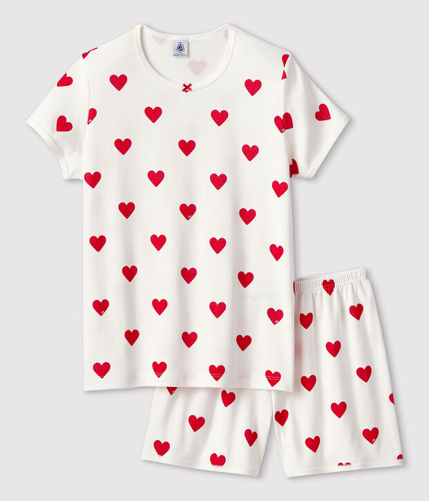Pigiama corto bambina in cotone motivo cuore bianco/rosso