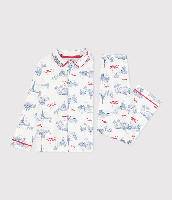 Pigiama bambino in cotone con bottoni e stampa Parigi bianco MARSHMALLOW/bianco MULTICO