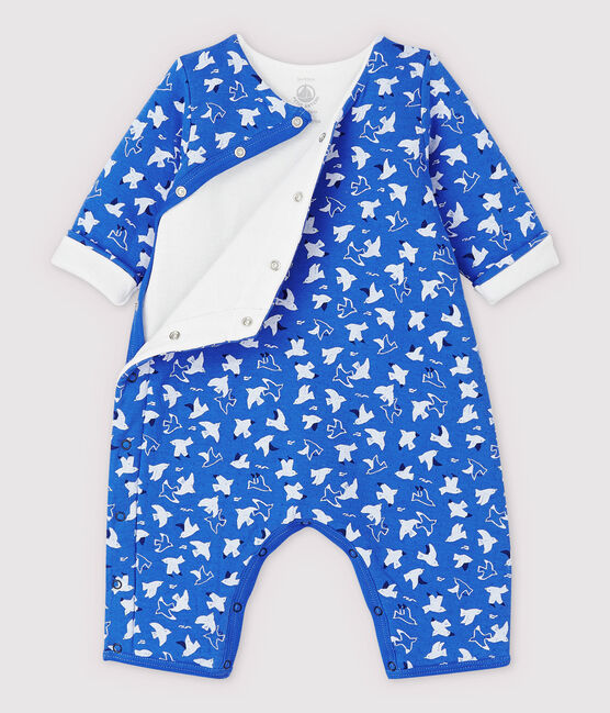 Tutina lunga uccelli bebè in tubique trapuntato in cotone biologico blu COOL/ecru MULTICO