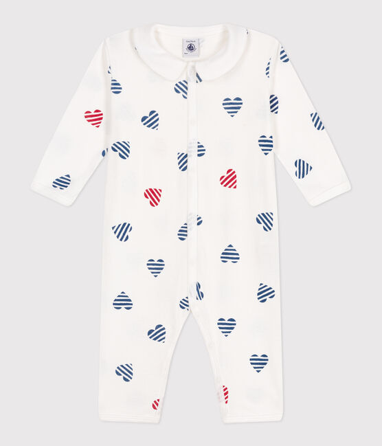 Pigiama senza piedini in cotone con colletto con cuore a righe neonato bianco MARSHMALLOW/bianco MULTICO