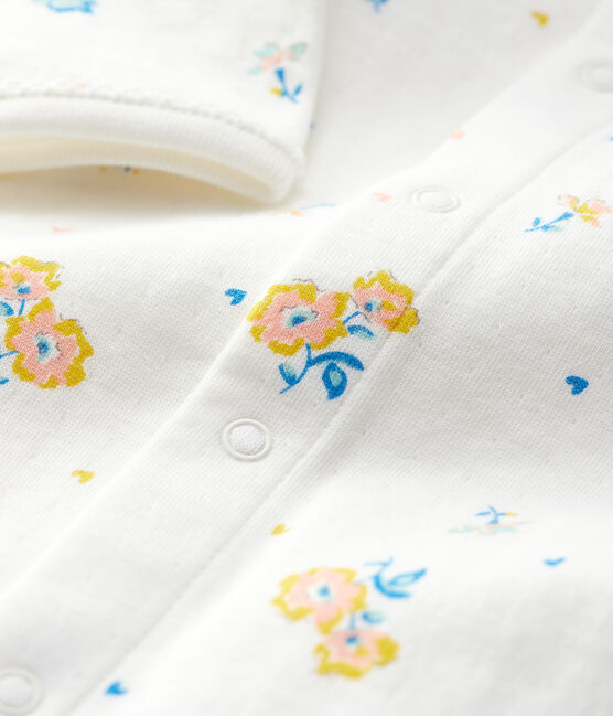 Tutina pigiama in ciniglia di cotone biologico con collo stampato a fiori. bianco MARSHMALLOW/bianco MULTICO
