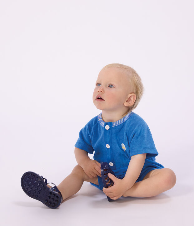 Tutina corta in cotone tinta unita neonato blu
