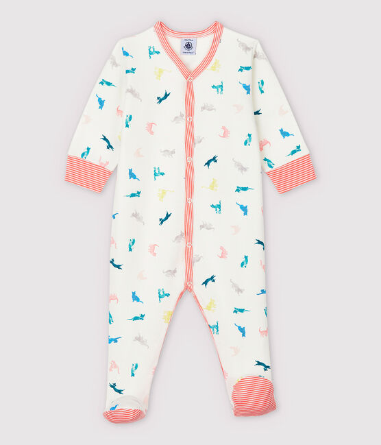 Tutina pigiama gatti colorati bebè in jersey double face bianco MARSHMALLOW/bianco MULTICO