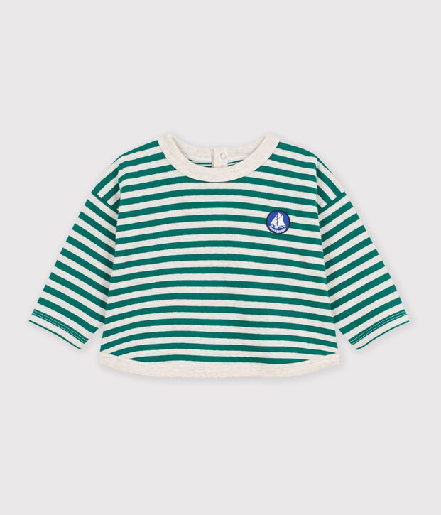 T-shirt a maniche lunghe in cotone a righe neonato. verde/beige