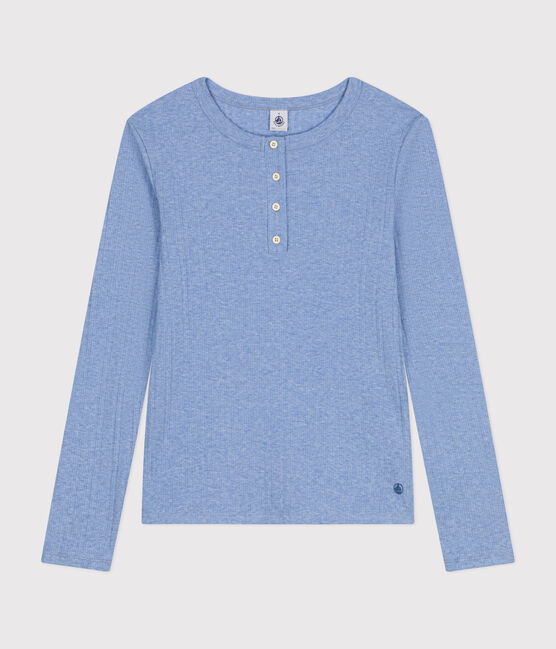 T-shirt a maniche lunghe con collo alla tunisina a effetto coste in tinta unita donna blu SKY CHINE