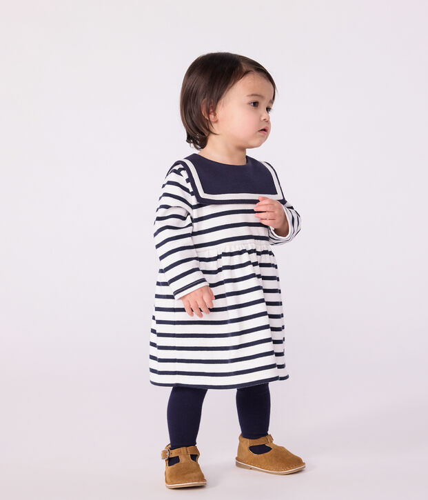 Abito a maniche lunghe in cotone spesso a righe neonato bianco/blu