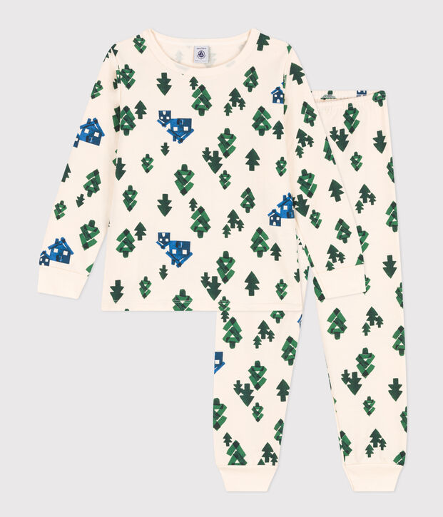 Pigiama chalet bambino unisex in tessuto felpato ecru/multicolore