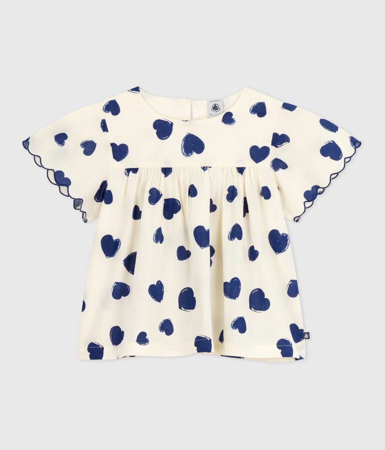Blusa a maniche corte in popeline di cotone fantasia bambina. ecru/blu
