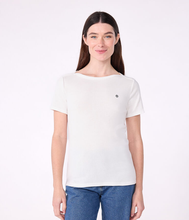 Iconica T-shirt da donna con collo da ammiraglio in cotone bianco
